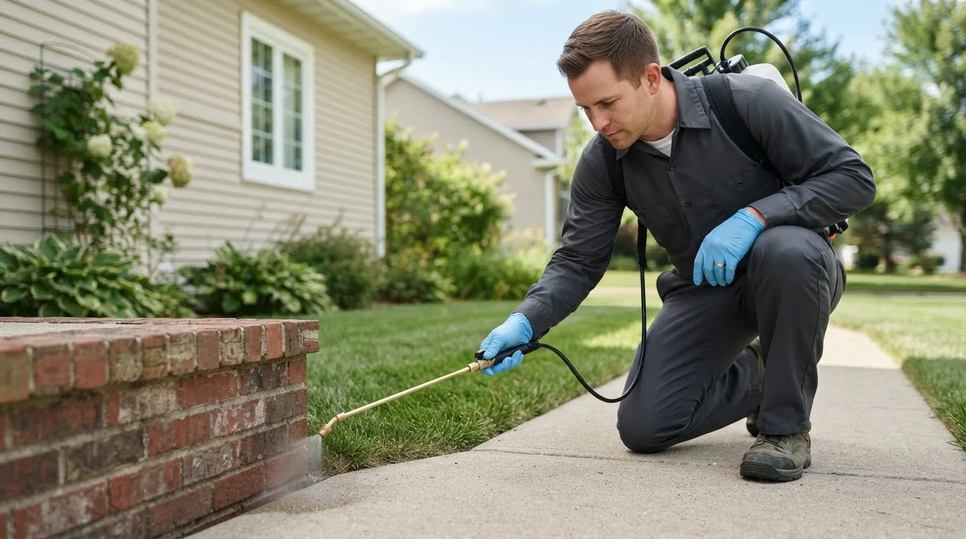 Pest control technician treating a home near Meno, OK