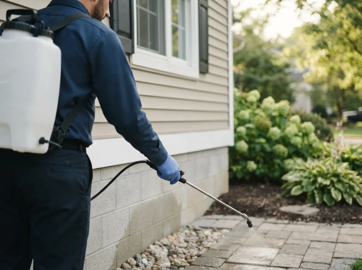 Pest control technician inspecting a home in Meno, OK